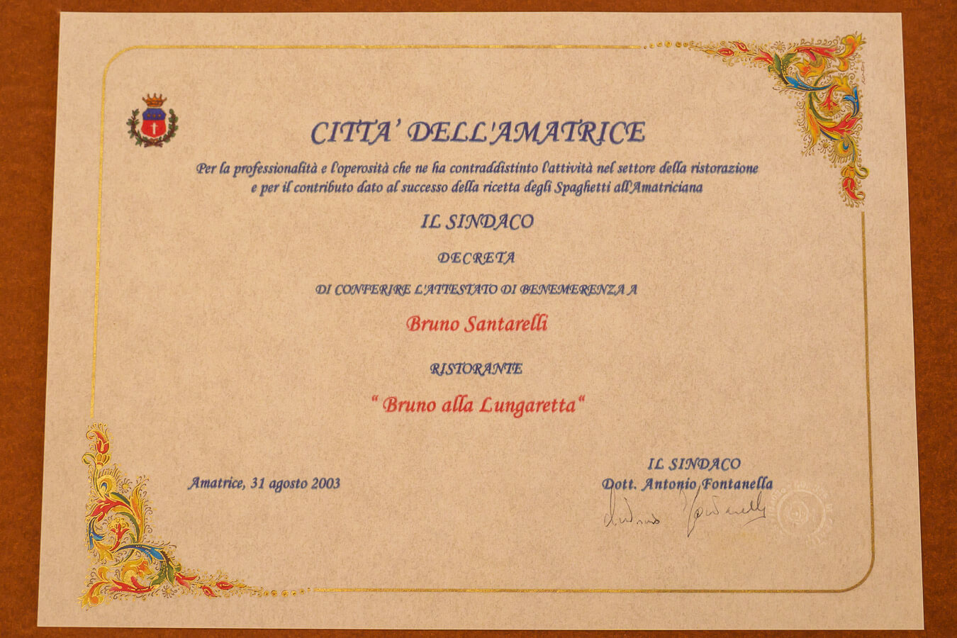 premio per la migliore ricetta degli spaghetti all'amatriciana conferito dal sindaco della città dell'amatrice al ristorante bruno alla lungaretta